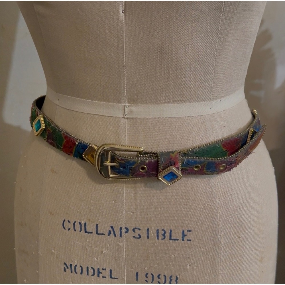 Vintage Multi Color Tapestry Jeweled Belt Gold Tone Ball Chain Trim M/L